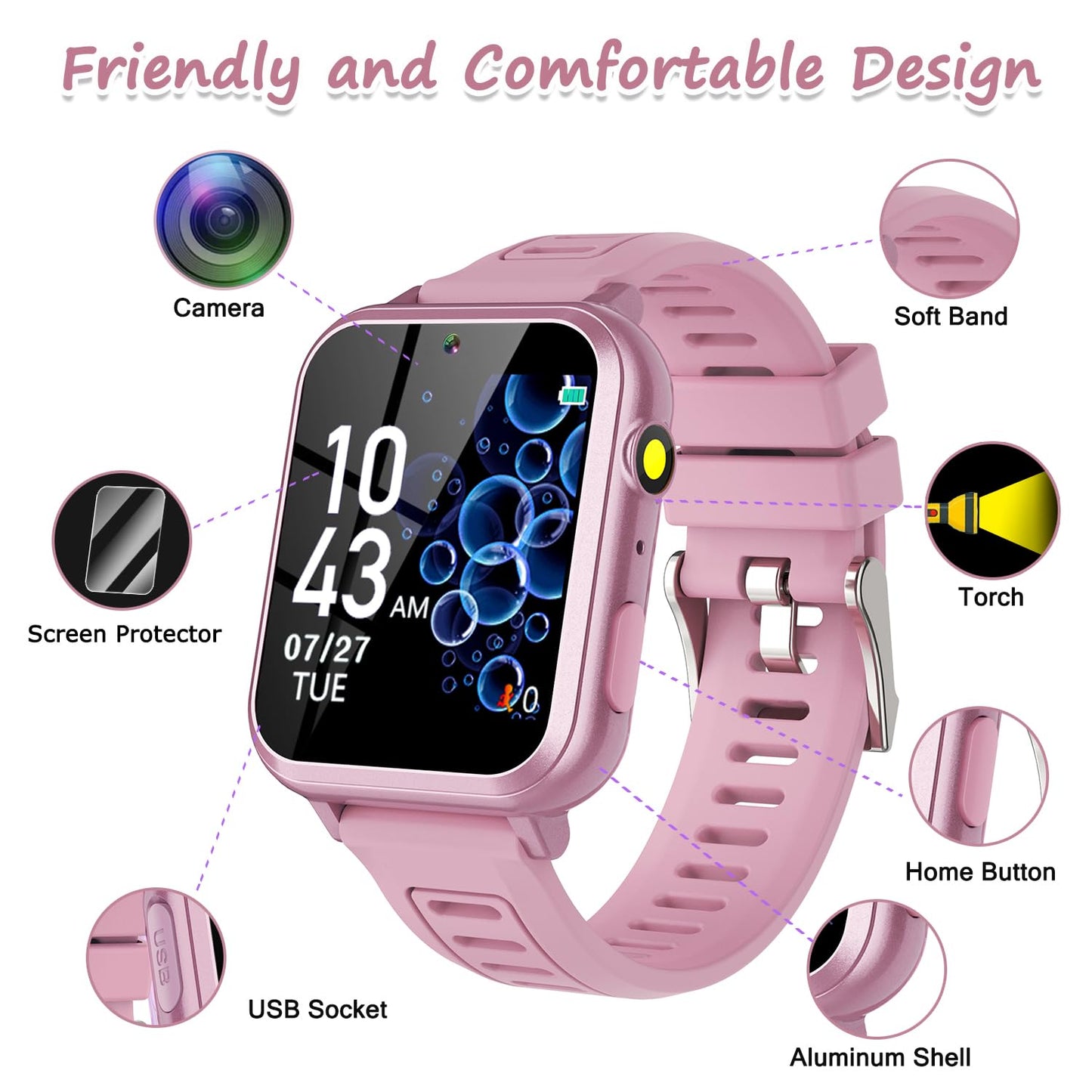 Wiszodet Smart Watch for Kids with 36 Games HD Touch Touchscreen Alarm Clock, Camera Music Player Pedometer Flashlight 12/24 hr Video & Audio Recording, Toys Gift for 3-12 Years Old Girls