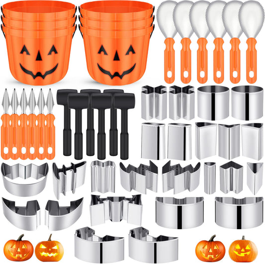 Winnerwhy 48 Pcs Halloween Pumpkin Carving Kit Pumpkin Carving Tools 24 Pcs Stainless Steel Pumpkin Carving Stencils, 6 Gut Buckets, Easy Safe 18 Carving Tools Set for Halloween Decorations