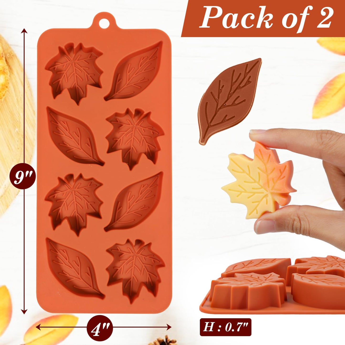 Webake Leaf Silicone Mold with 2 Different Shapes, 8-Cavity Maple Leaf Molds for Chocolate, Ice Cube, Soap, Cupcake, Perfect for Thanksgiving, Fall Harvest Party, Pack of 2