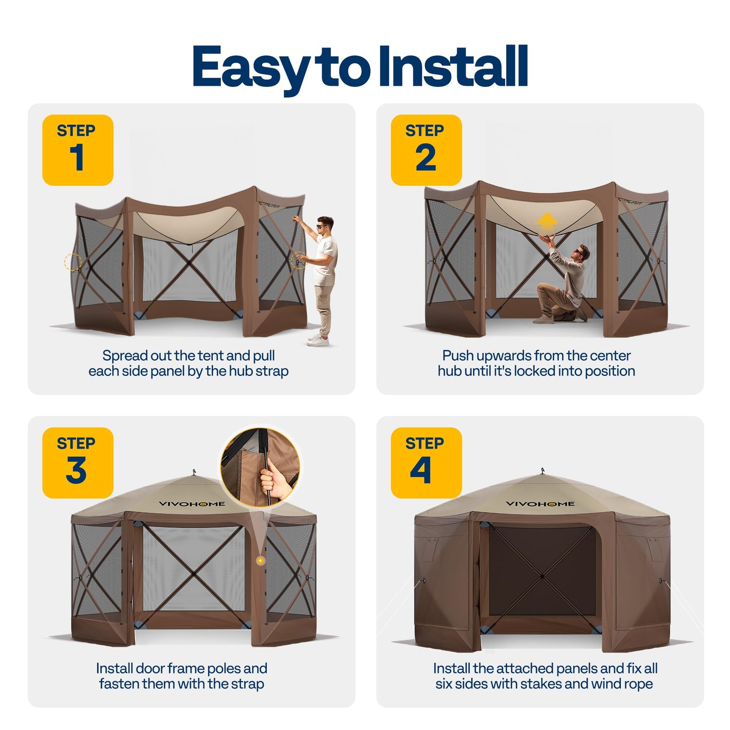 VIVOHOME 12x12ft Pop-Up Gazebo Screen Tent, 6-Sided Instant Outdoor Canopy Shelter with Large Main Door, Wind Panels, and Screens for Outdoor Parties, Camping, Lawn and Backyard