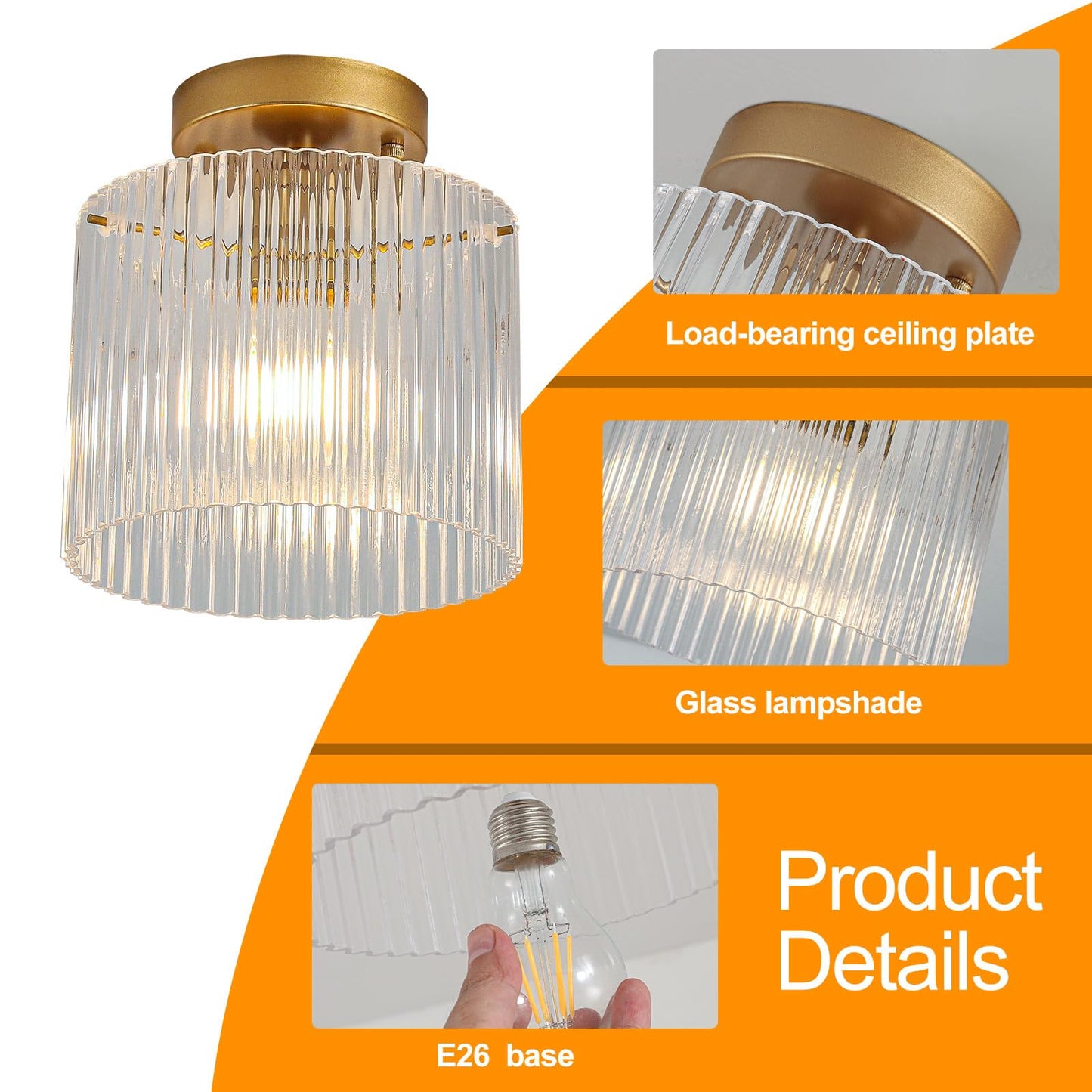 wochos Modern Semi Flush Mount Ceiling Light, Industrial Clear Glass Ceiling Light Fixture, Crystal Ceiling Lamp, Modern Ceiling Lamps, Farmhouse Light for Entryway Hallway Kitchen Dining Room