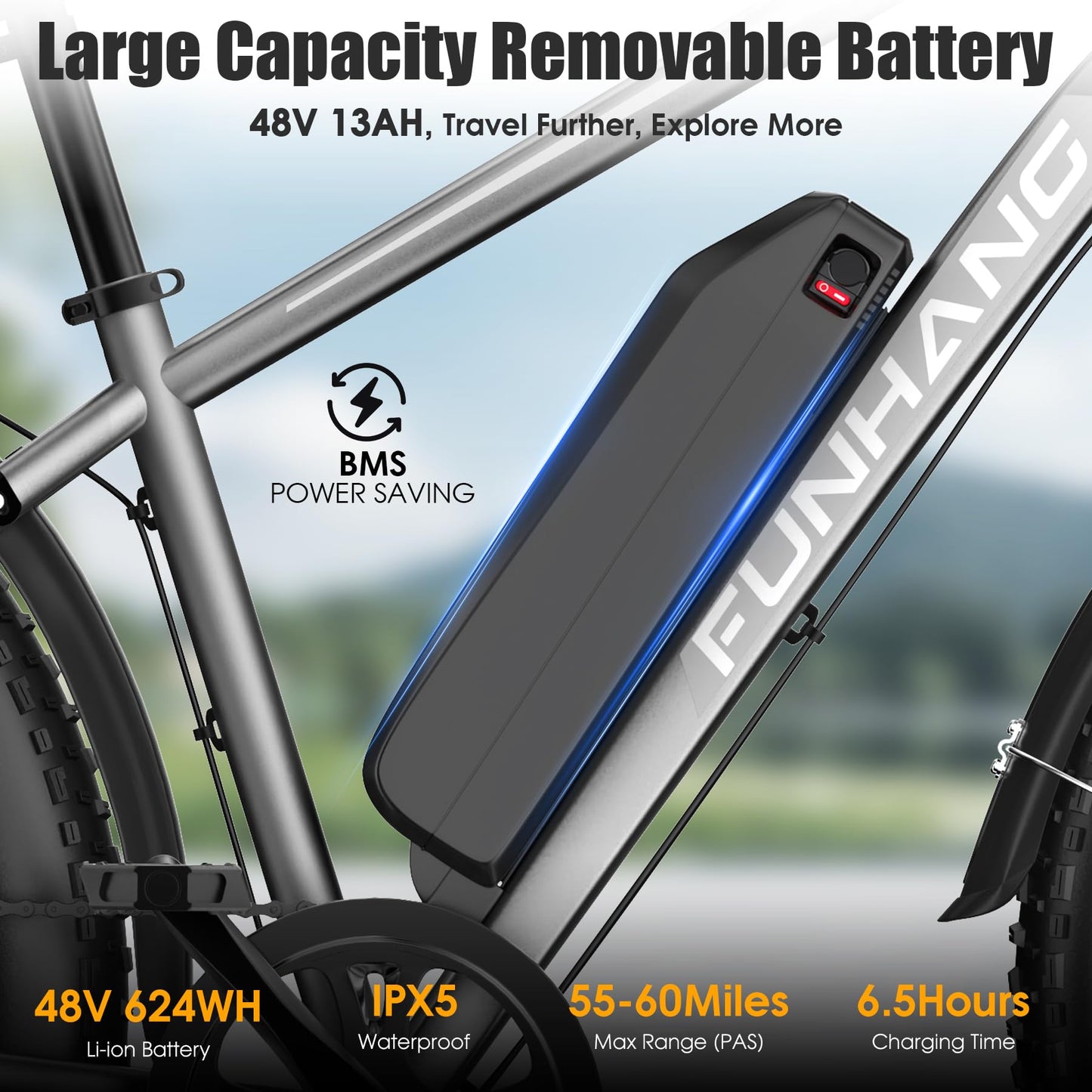 Funhang Electric Bike for Adults, Peak 1000W Ebike, 25MPH 60Miles Electric Mountain Bike, 26" Fat Tire Adult Electric Bicycle with 48V 13AH Battery, Rear Rack, 7 Speed, Front Suspension, Turn Signal
