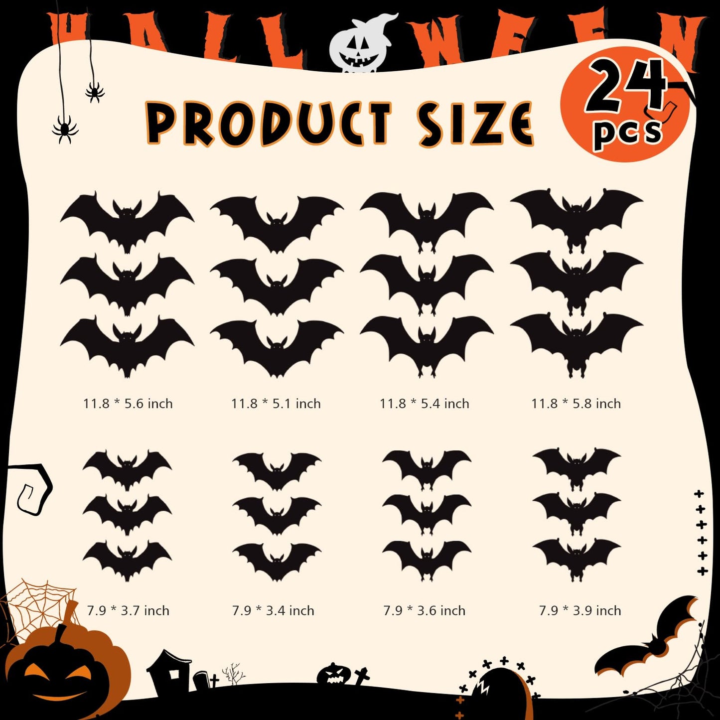 24 Pack Halloween Bats Decorations Wall Stickers with Glow in Dark Eye, 4 Different Style Removable PVC Wall Bats Sticker for Indoor Outdoor Home Window Garage Decor Party Supplies