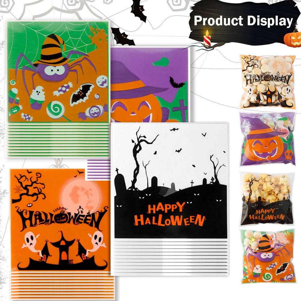 100 PCS Halloween Treat Ziplock bags(4x4 Inch) Self-sealing Candy Cookie Goodie Goody Small Gift Wrap Bags for Halloween Party Favors Supplies Decorations Spider Web Bat Pumpkin Pouches Table Decor