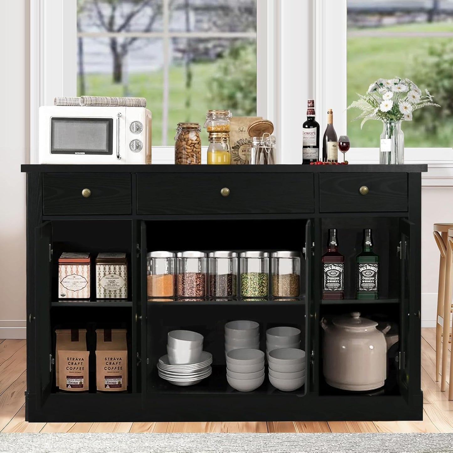 4 EVER WINNER Black Buffet Cabinet with Storage, 55" Coffee Bar Cainets with 3 Drawers and Glass Doors, Sideboard Buffet Cabinet for Kitchen, Living Room