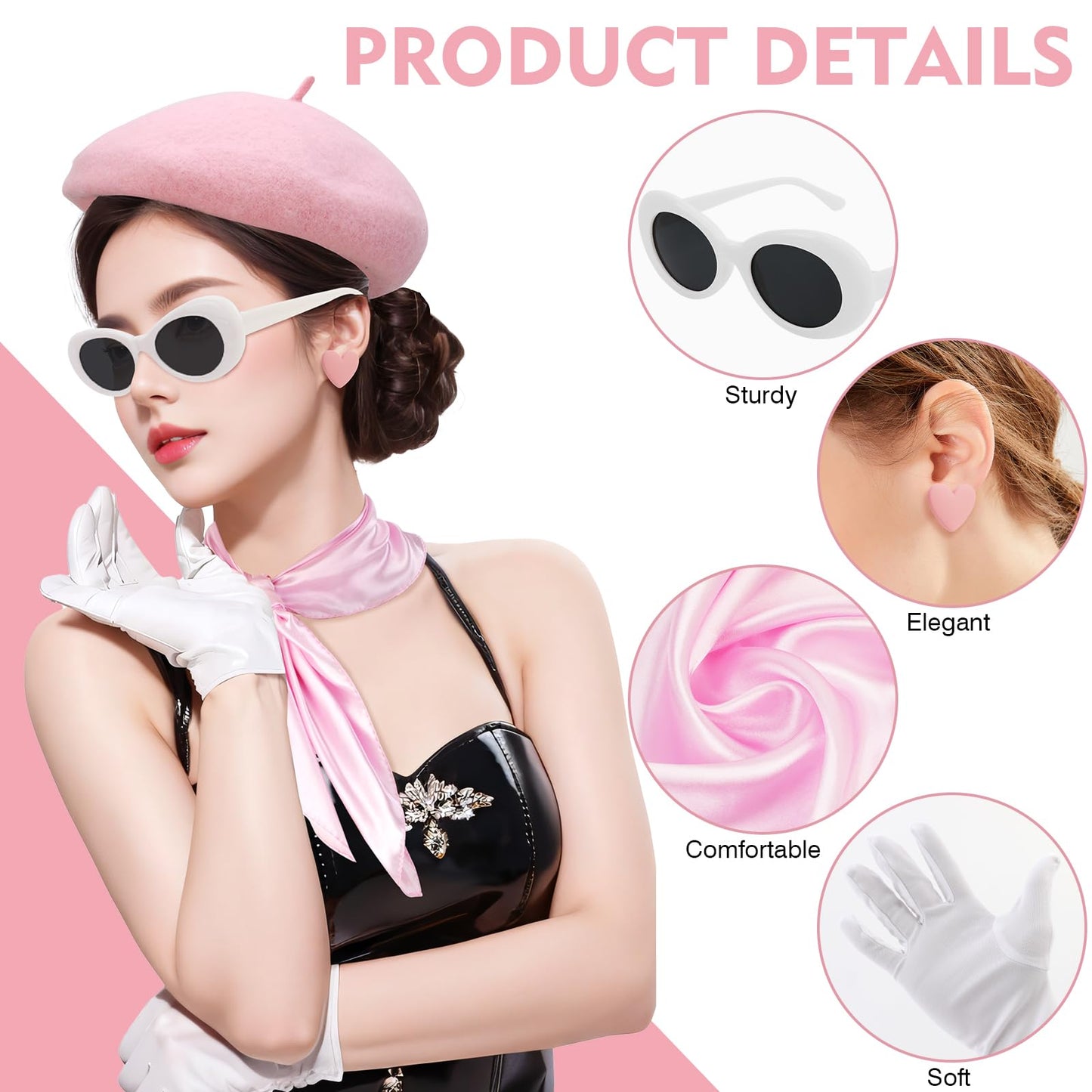 XEPST 6PCS French Women set - 50s Fancy Dress for Women with French Beret Hat Sunglasses Scarf Gloves Earrings 1950s Costume Kit for Halloween Costume Cosplay Carnival Fancy Dress Up, Lightpink