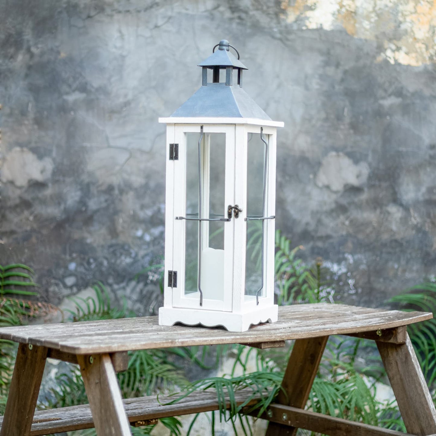 2 Pack 26in Farmhouse White Waterproof Wood Metal Decorative Lanterns with Remote Control, Timer, Tempered Glass, Flameless Pillar Candles, Decorative Lanterns for Home Decor, Front Porch, Wedding