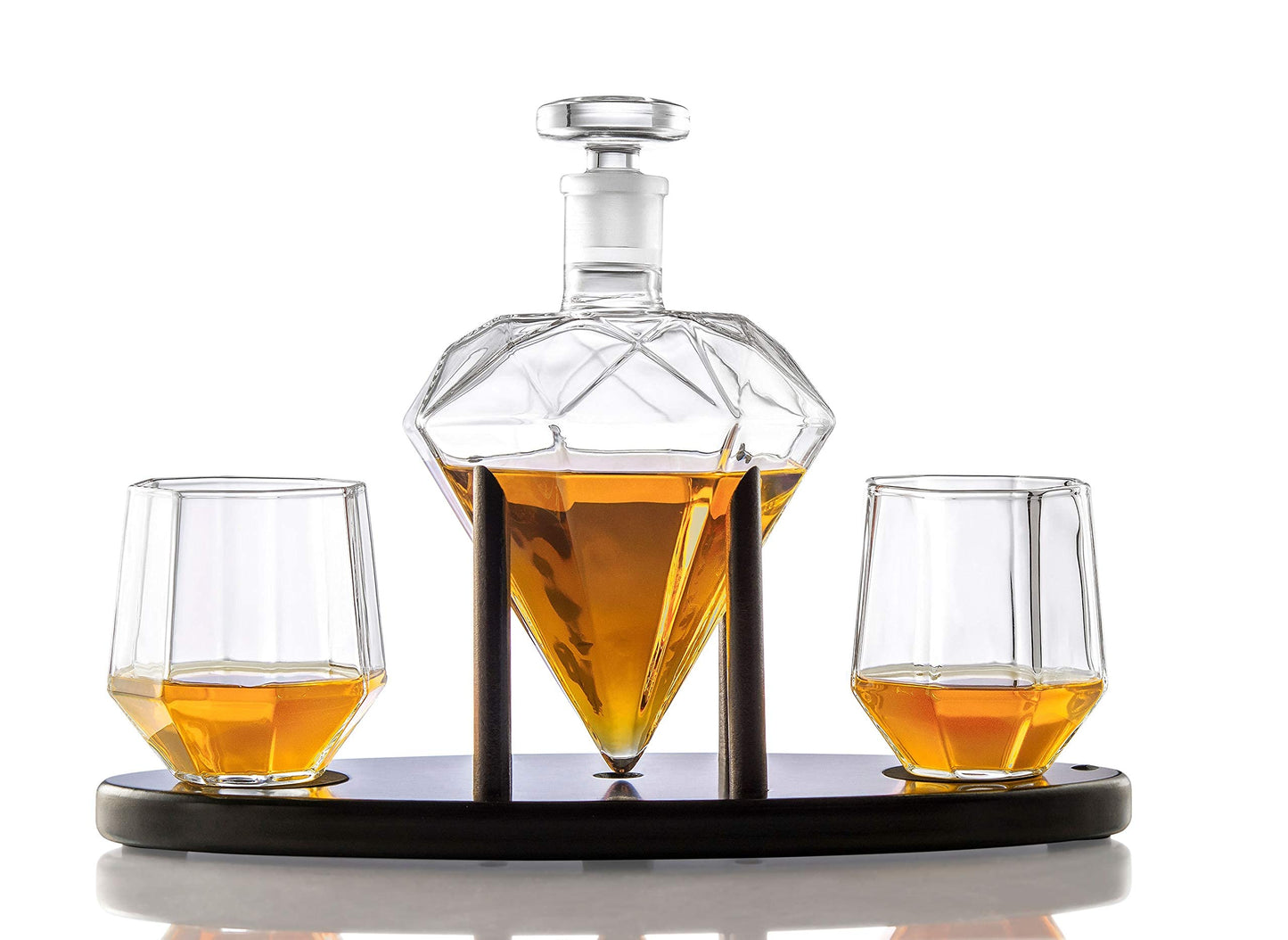 Whiskey Decanter Diamond shaped With 2 Diamond Glasses & Mahogany Wooden Holder – Elegant Handcrafted Crafted Glass Decanter For Liquor, Scotch, Rum, Bourbon, Vodka, Tequila – Great Gift Idea – 750ml