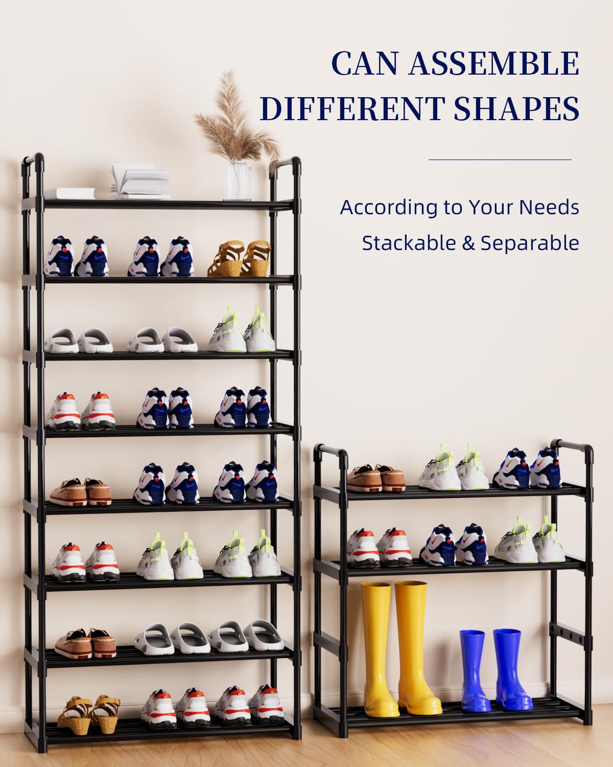 AAJZ Shoe Rack,Tall Large Capacity,Shoe Organizer, Metal Storage Shelf, for 12-15 Pairs, for Entryway,Closet, Bedroom Black (4 Tiers)