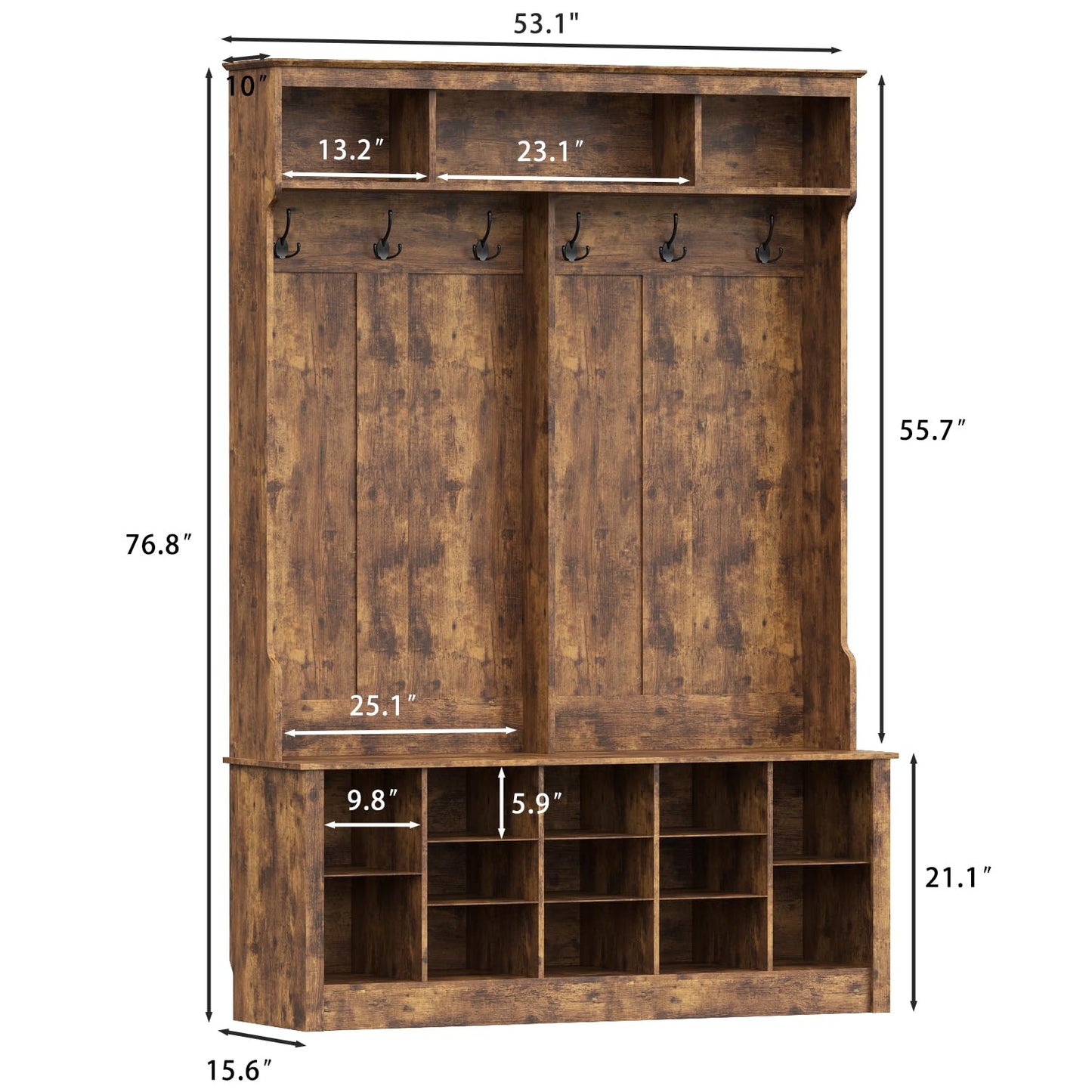 Wodeer Entryway Hall Tree with Bench and Shoe Storage, 53" Farmhouse 4-in-1 Mudroom Storage Organizer with Coat Rack, 6 Double Hooks, 12 Shoe Cubbies, Adjustable Shelf, for Hallway, Bedroom, Brown