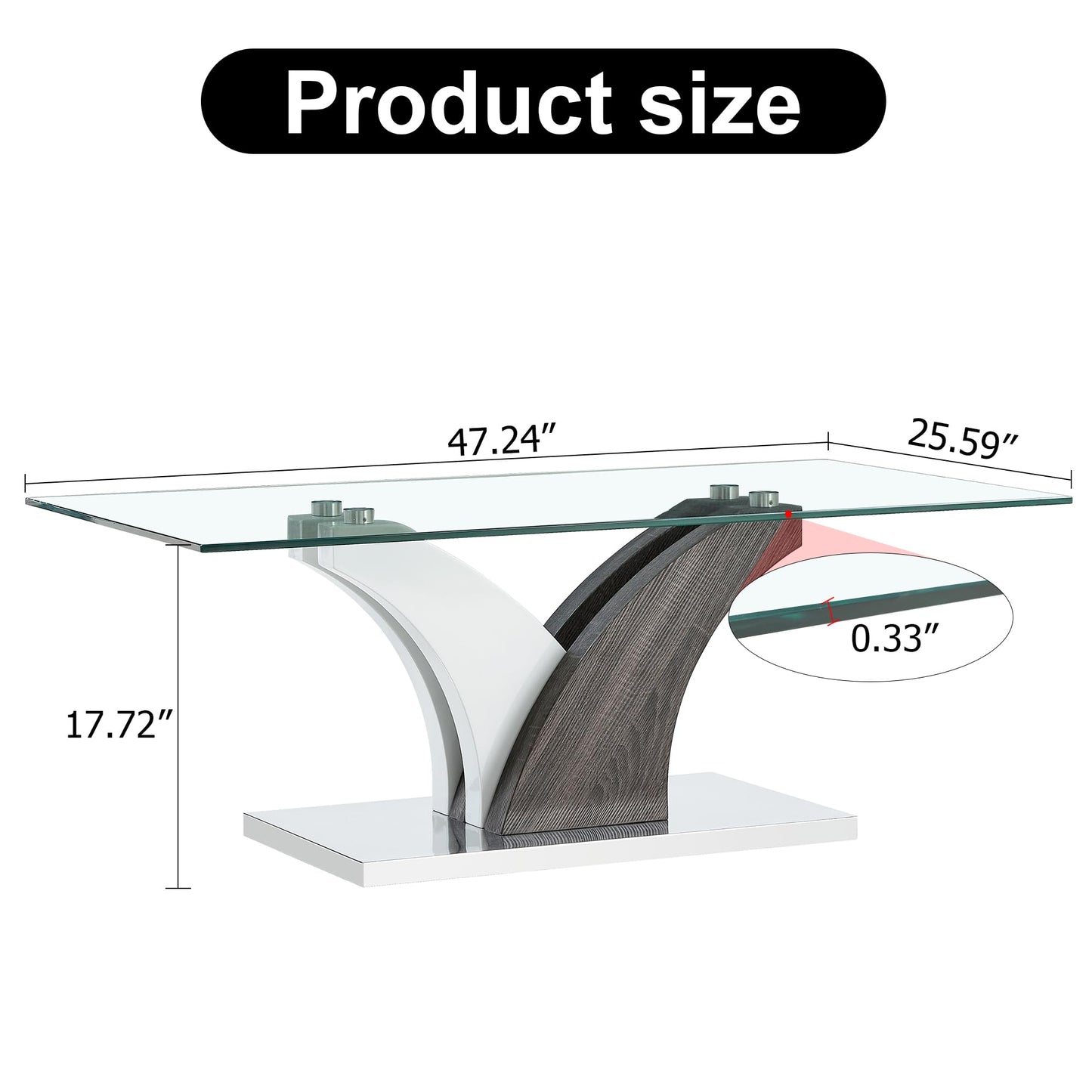 47'' Glass Coffee Table for Living Room,Rectangle Clear Center Table,Modern Glass Sofa Coffee Table with Tempered Glass Top and MDF Thickened Base