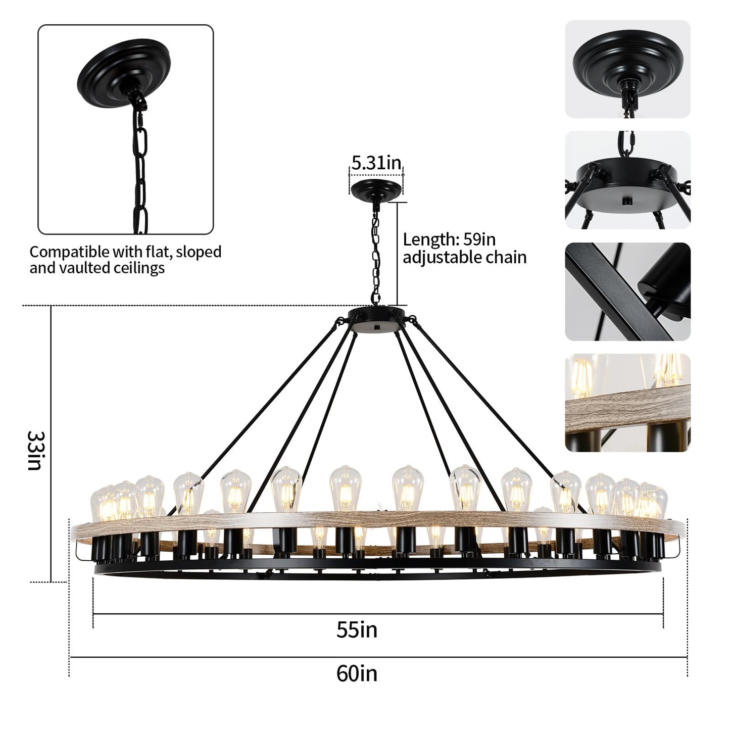 Wagon Wheel Chandelier 60-Inch 36-Light, Black and Oak Wood Tone Finish Round Rustic Farmhouse Chandelier Extra Large for High Ceilings, Living Room Foyer