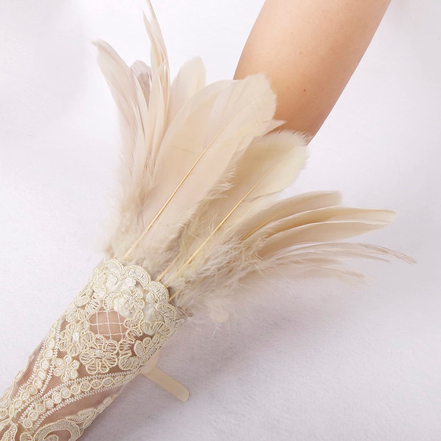 Women's Khaki Feather Lace Long Gloves Witch Spider Web for Halloween Pack of 2