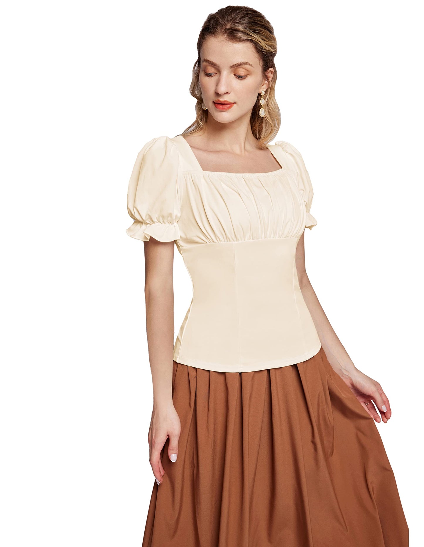 Womens Victorian Shirts Vintage Square Neck Ruffle Short Puff Sleeve Top Apricot M