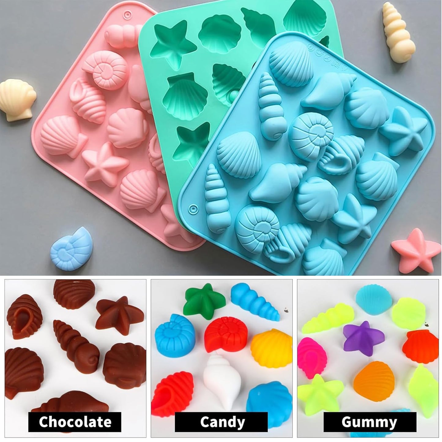 3Pcs Seashell Chocolate Silicone Molds, Ocean Themed Cake Baking Molds for Chocolate Candy Fondant Cupcake Cookie Dessert DIY Cake Decoration Suppies