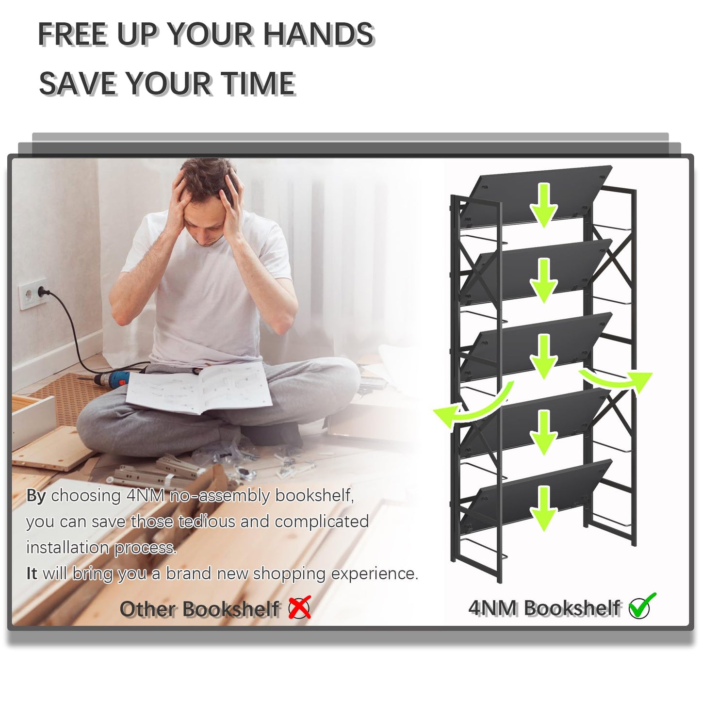 4NM 5 Tiers No Assembly Book Shelves, Black Folding Bookshelf Bookcase Open Industrial Foldable Shelves for Bedroom, Living Room, Home Office - All Black