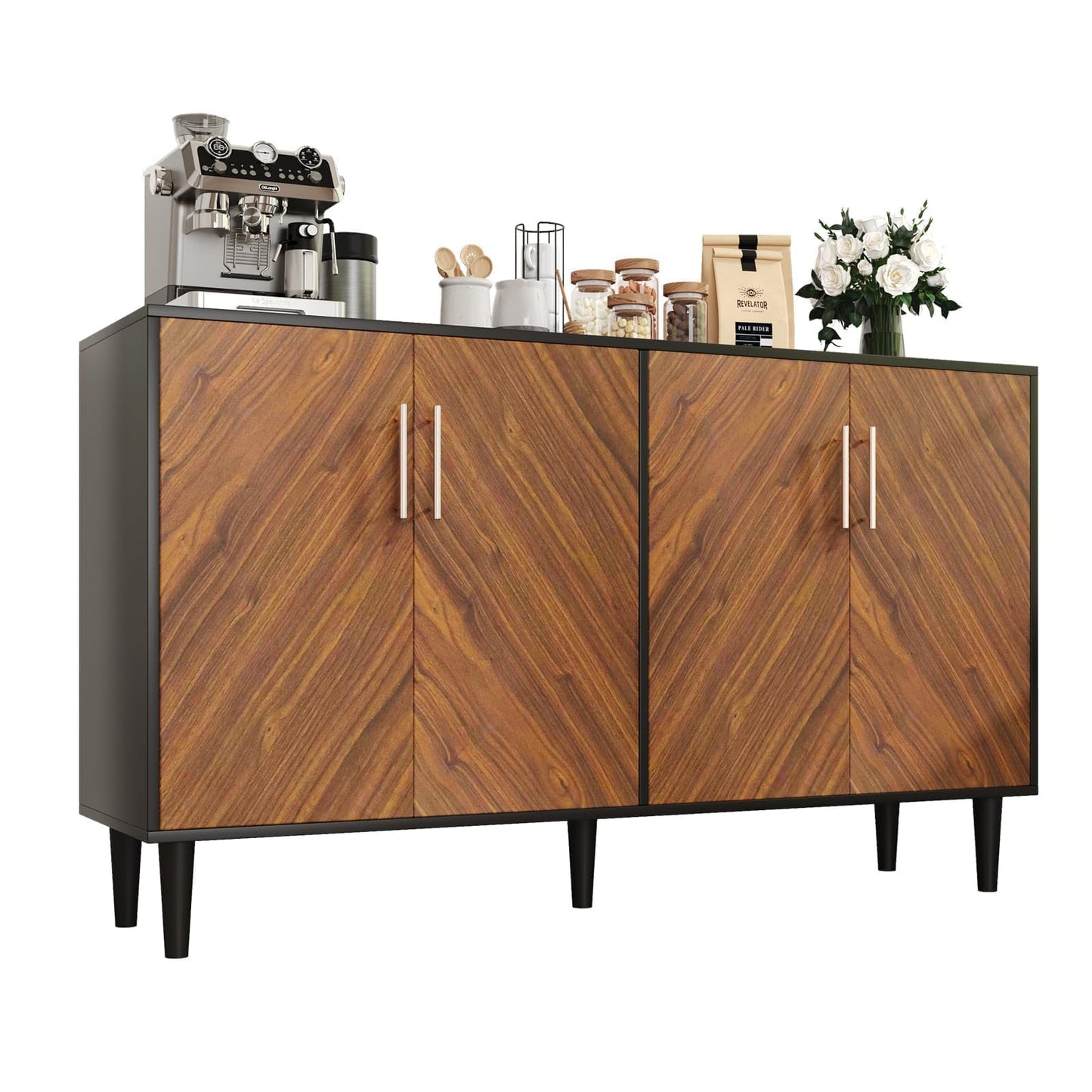 4 EVER WINNER Sideboard Buffet Cabinet with Storage, 58" Large Storage Cabinet with Adjustable Shelves, Modern Coffee Bar with 4 Doors for Living Room Entryway, Walnut and Black