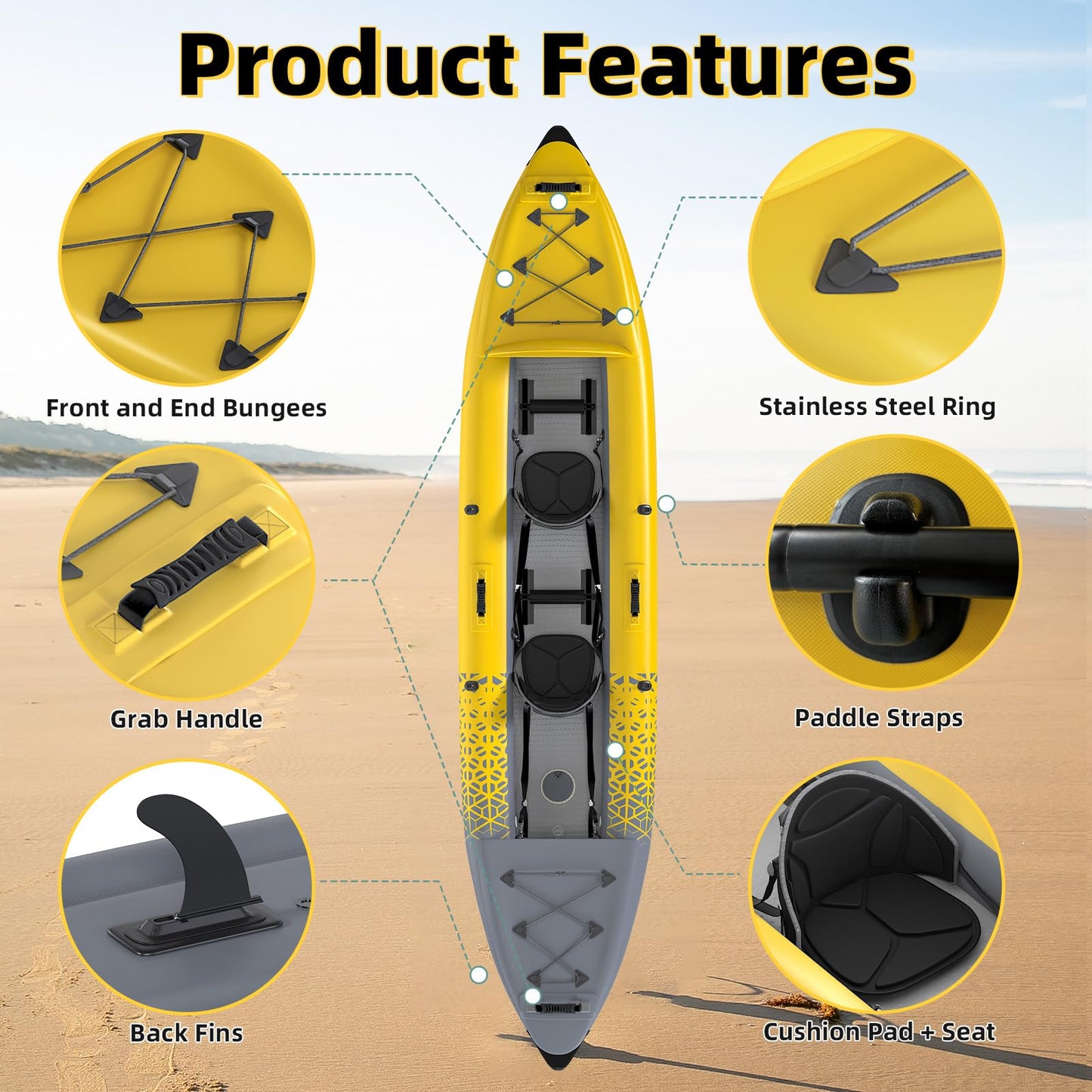 Danrelax 2-Person Inflatable Kayak for Adults, Heavy-Duty PVC, Drop-Stitch Floor, Lightweight, Portable, and Durable Tandem Kayak for Fishing, Touring, and Water Sports, Yellow