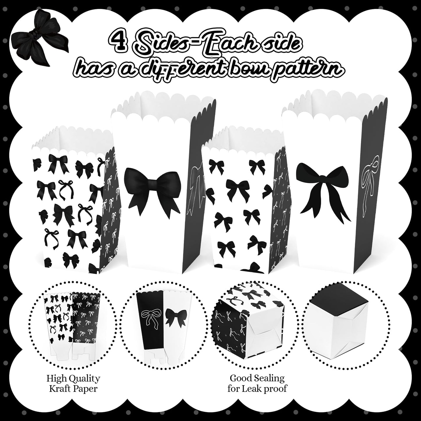 20Pcs Black Bow Popcorn Boxes, Bow Movie Night Popcorn Bags for Party, Black Bucket Containers for Birthday, Bridal Shower Bachelorette Graduation Party Decor (S + L)
