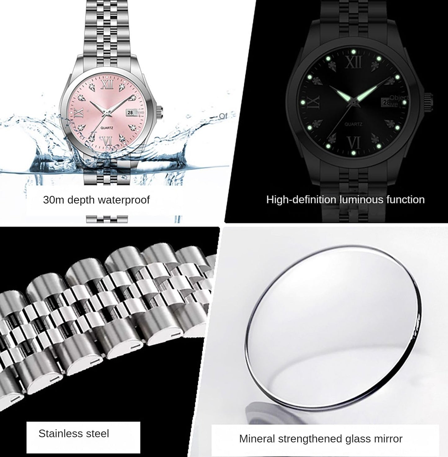 Women's Bracelet Watch Stainless Steel Quartz Watch Luminous Waterproof Watch Business Watches for Women (White)