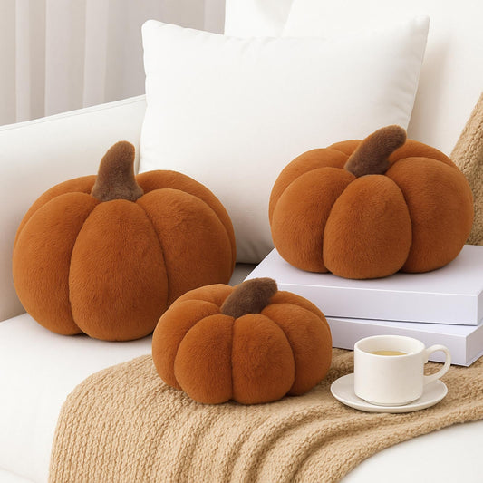 Wonderjune 3 Pcs Pumpkin Pillows Plush Fall 3D Pumpkin Shaped Pillows Decorative Rustic Farmhouse Plush Cushion for Halloween Thanksgiving Autumn Home Sofa Couch Bed Decor Gift(Classic Color)
