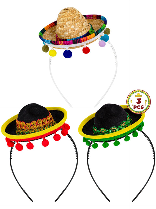 3 PCS Cinco De Mayo Sombreros with Headbands - Fabric and Straw Fiesta Hats, 3 Styles for Mexican Carnivals and Festivals