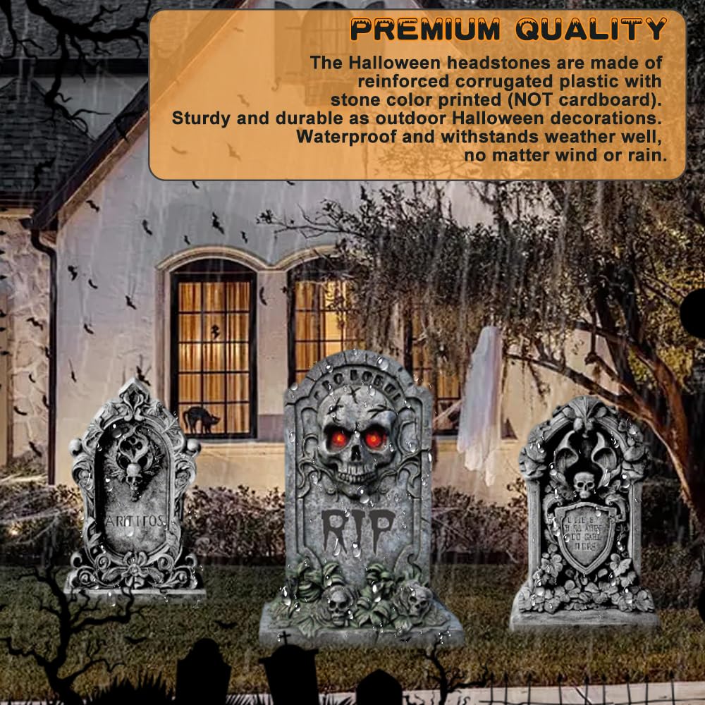 2025new Halloween Tombstone Decorations Outdoor - Set of 6 Glow in The Dark Spooky Graveyard Signs, Haunted House Party & Front Yard Decor, Durable Night-Activated Yard Decor