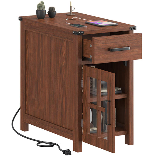 VVFLU Farmhouse End Table with Charging Station and 1 Storage Cabinet, 1 Drawer, Cherry Wood Nightstand Narrow, Skinny Side Table, Slim Bedside Table, Small Nightstand for Bedroom, Living Room, Sofa