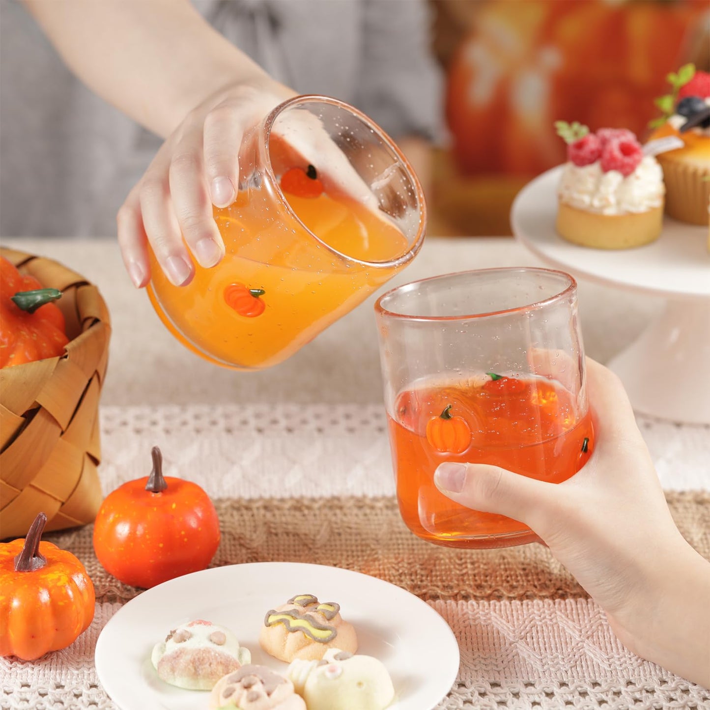 Widecook 4 PCS Pumpkin Icon Juice Glasses Cup Set - Orange Pumpkin Stemless Drinking, Wine, Water, Coffee Glass Cup Bulk for Fall Holiday Birthday Party Supplies & Gift