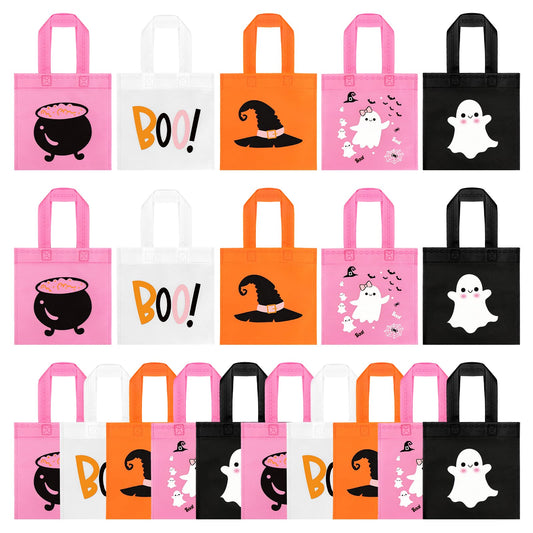 20pcs Pink Girl Halloween Treats Bags - Cute Ghost Witch Cauldron NonWoven Candy Bag Gift Tote for Little Boo Baby Shower Party Supplies
