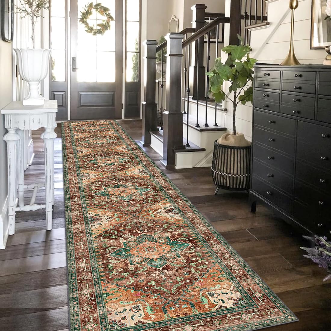 Yamaziot Washable Runner Rug, 2x12 Non-Slip Boho Vintage Hallway Rug Runner with Rubber Backing, Stain Resistant Low Pile Distressed Carpet Runner for Bedroom, Kitchen, Laundry, Entrance