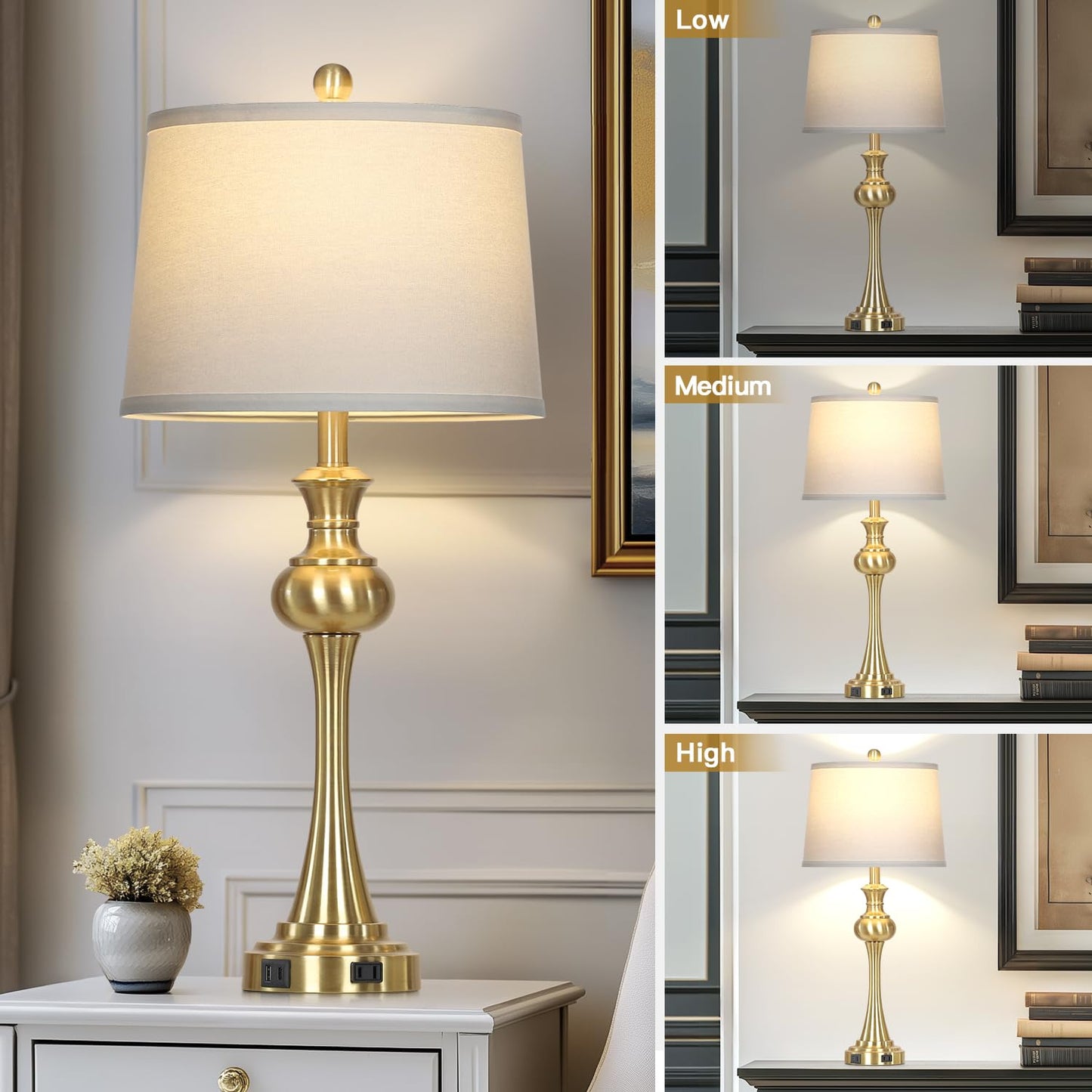 28.75" Gold Table Lamps for Living Room,Touch Lamps for Bedrooms Set of 2 - Nightstand Table Lamp with USB C+A, 3 Way Dimmable Bedside Lamps End Tables, Antique Brass