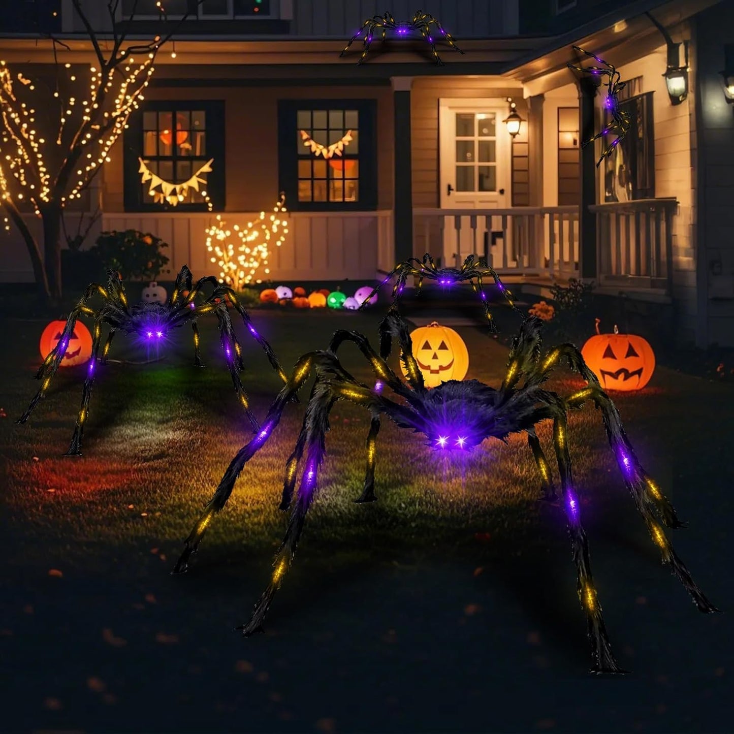 2 Pack 4.2Ft Halloween Giant Spider,Light up Spider with 24 Purple and Orange Lights,Light up Halloween Decorations Outside,for Yard Haunted House Window Party Porch Indoor Outside Decor