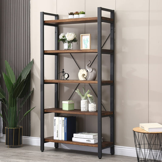 WH-AOERPUMY 5 Tier Bookcase, Solid Wood Bookshelf Rustic Vintage Industrial Etagere Bookcase, Metal and Wood Free Vintage Bookshelf, Retro Brown (Real Wood) (5-Tiers)