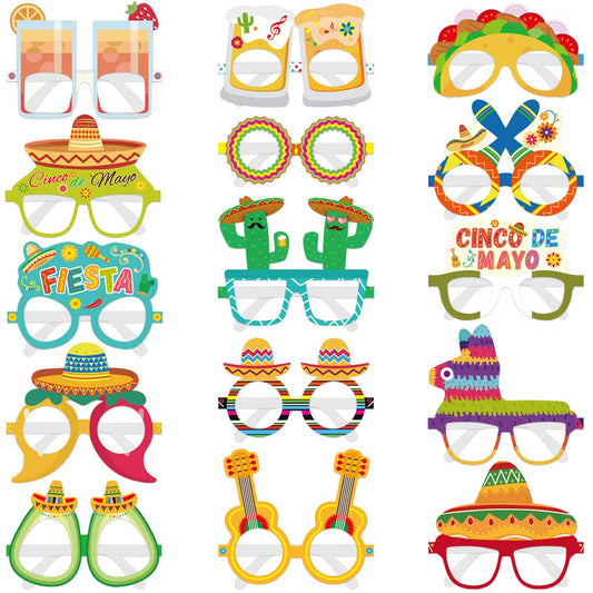 15PCS Mexican Fiesta Party Decorations Paper Eyeglasses Cinco De Mayo Paper Glasses Photo Booth Props for Taco Cactus Party Let's Fiesta BirthdayParty Favors