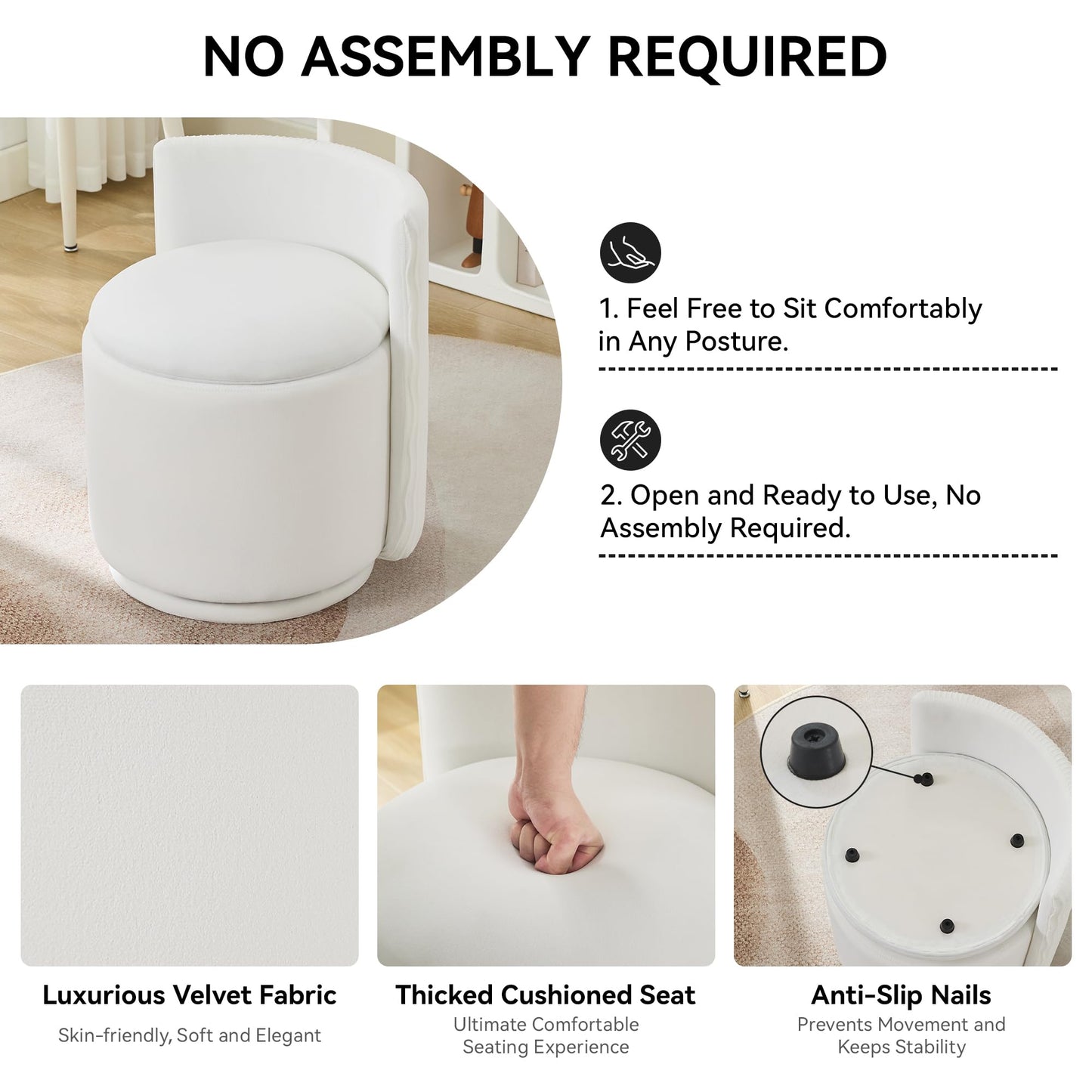 WUTUTUEE Velvet Vanity Chair with Storage, 360° Swivel Makeup Chair with Wave Back, No Assembly Small Accent Stool for Bedroom, Dressing, Living Room, White