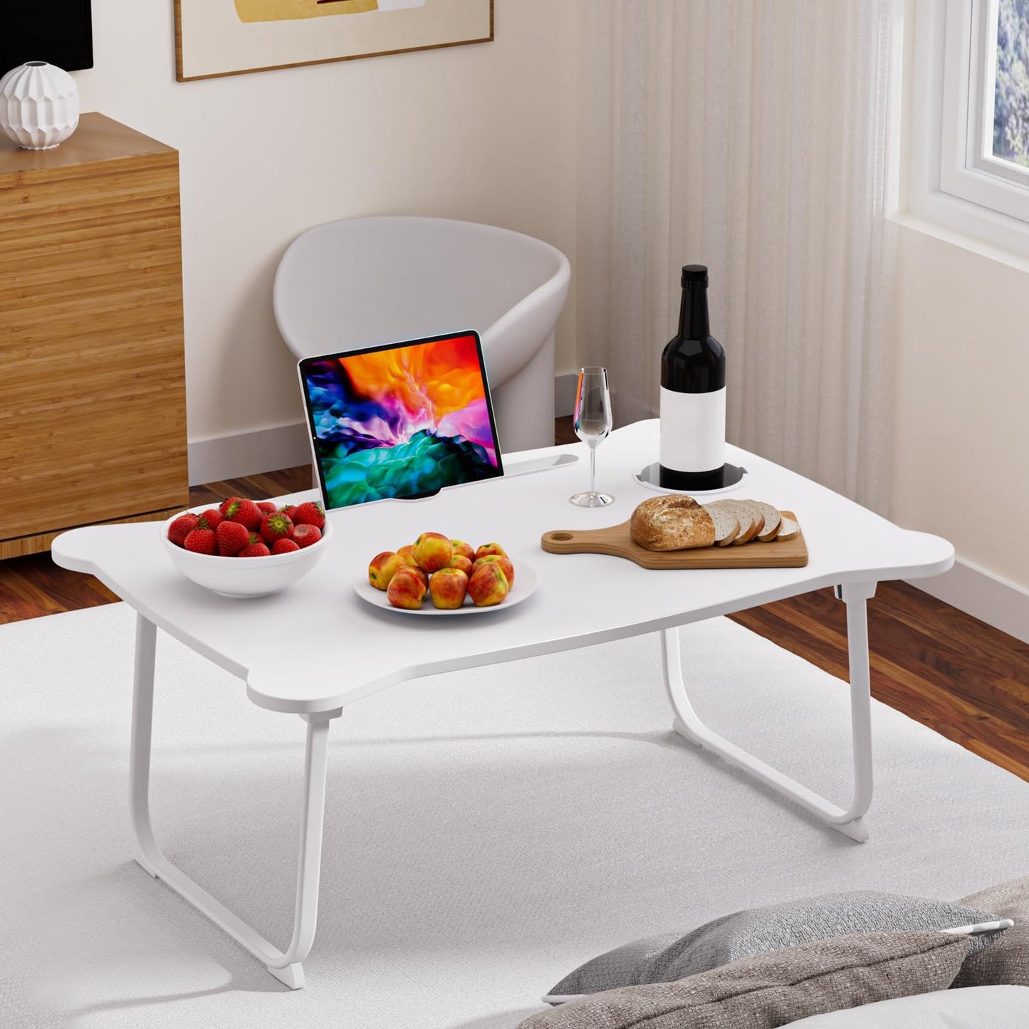 Washranp Laptop Desk for Bed Lap Bed Table Folding Couch Laptop Lap Desk with Storage Drawer, Cup Holder & Tablet Slot Foldable Breakfast Tray Portable for Reading Writing, Sofa & Floor White