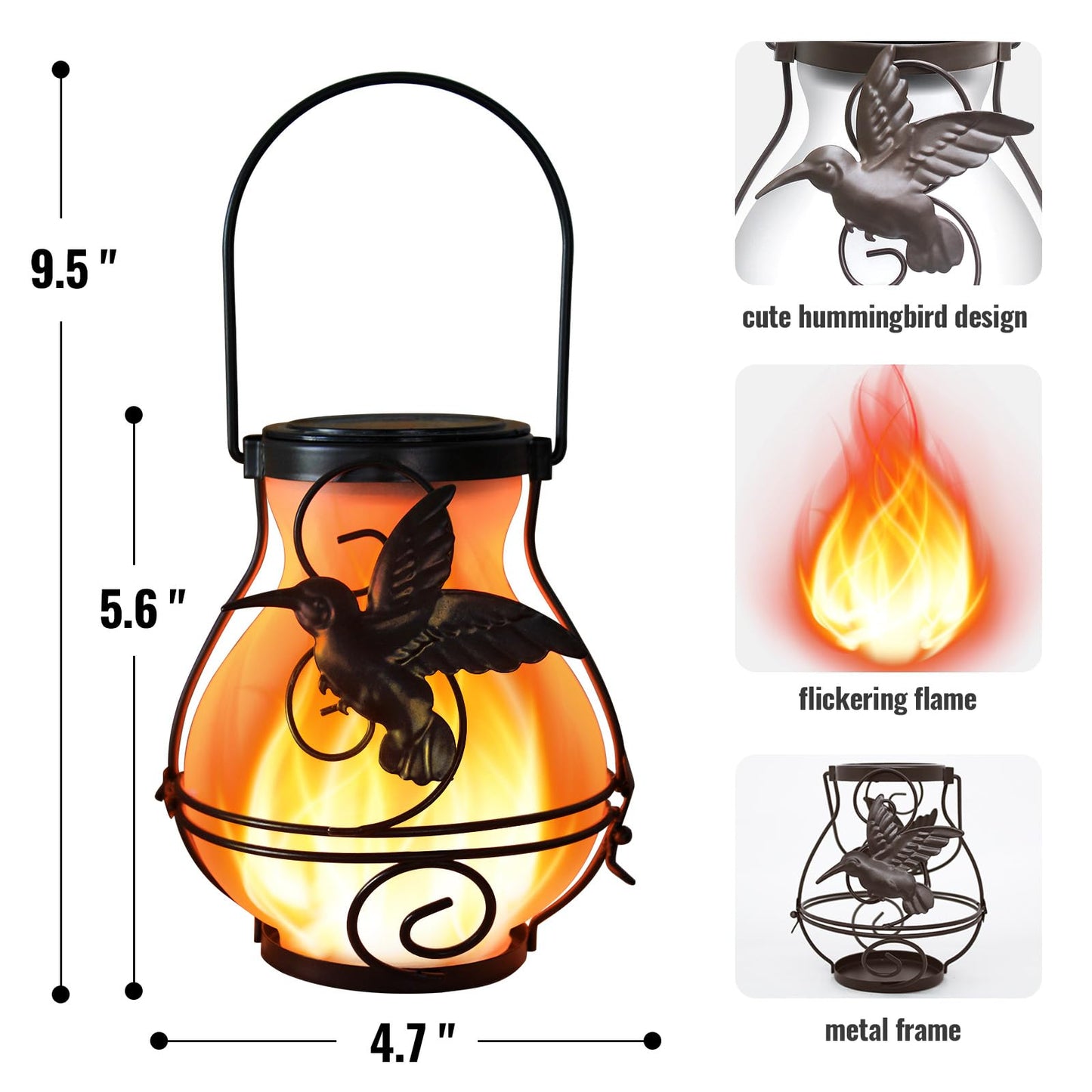 2 Pack Solar Lanterns Outdoor Waterproof Flickering Flame Lights Hummingbird Metal Hanging Solar Lantern Patio Porch Garden Decoration