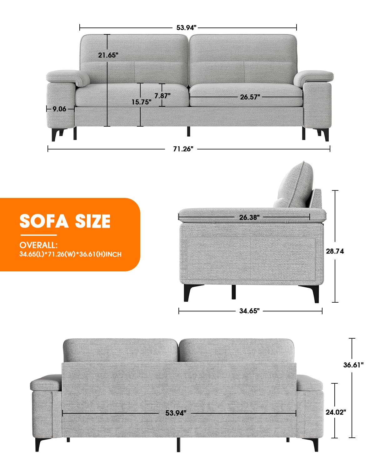 71.25" Modern Couches for Living Room, Deep Seat Sofa with 8” Cushion, Comfy 2-Seater Chenille Loveseat with Convertible Armrest, Removable Sofa Cover, High Leg(Light Gray)