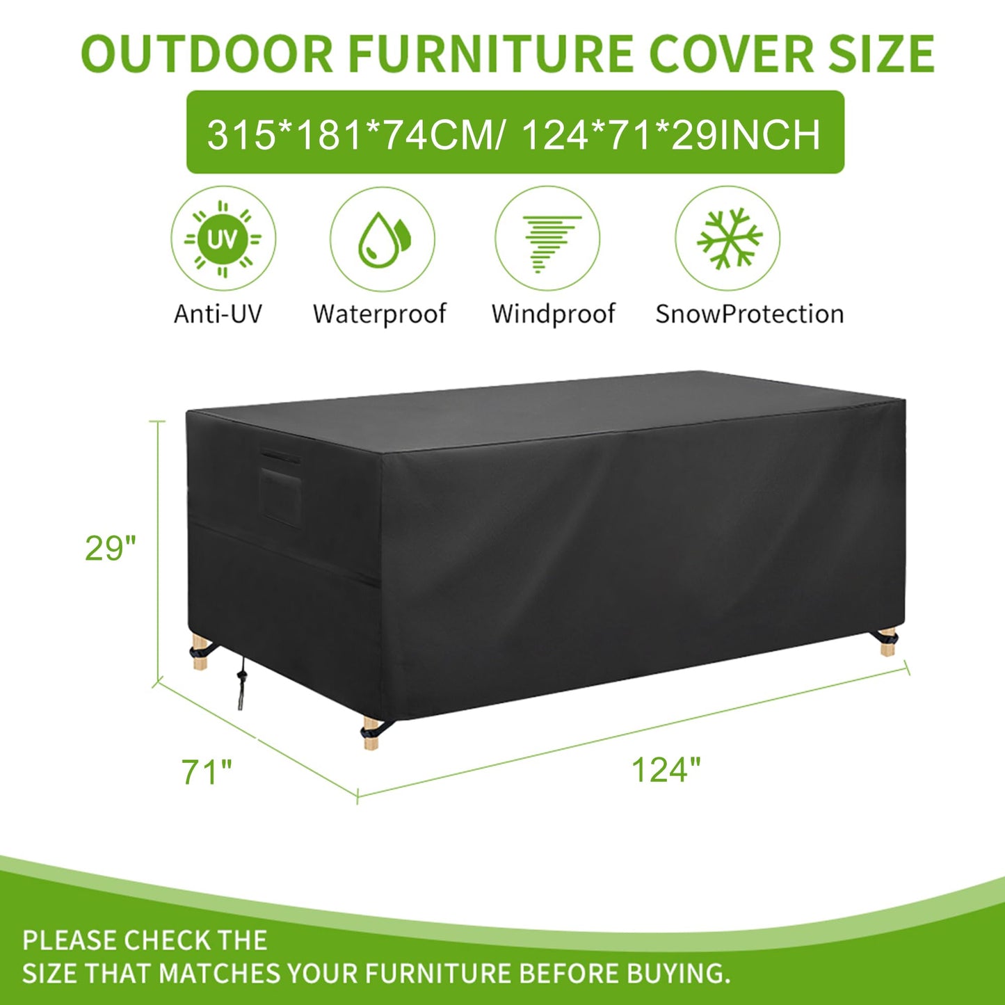 600D Heavy Duty Large Waterproof Table Cover -124" Patio Sofa Set Covers-Rectangular Patio Table Cover ,Dining Table Cover, Tea Table Cover Black
