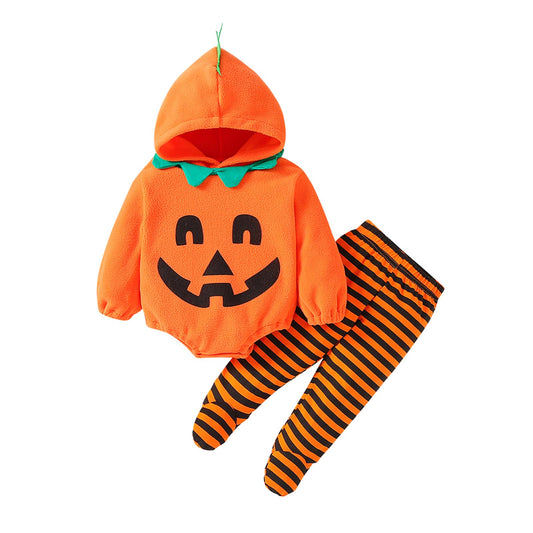 2Pcs Newborn Infant Baby Boy Girl Fleece Halloween Pumpkin Costumes Hoodie Romper Onesie Cotton Pants Outfit (3-6 Months, Orange-A)