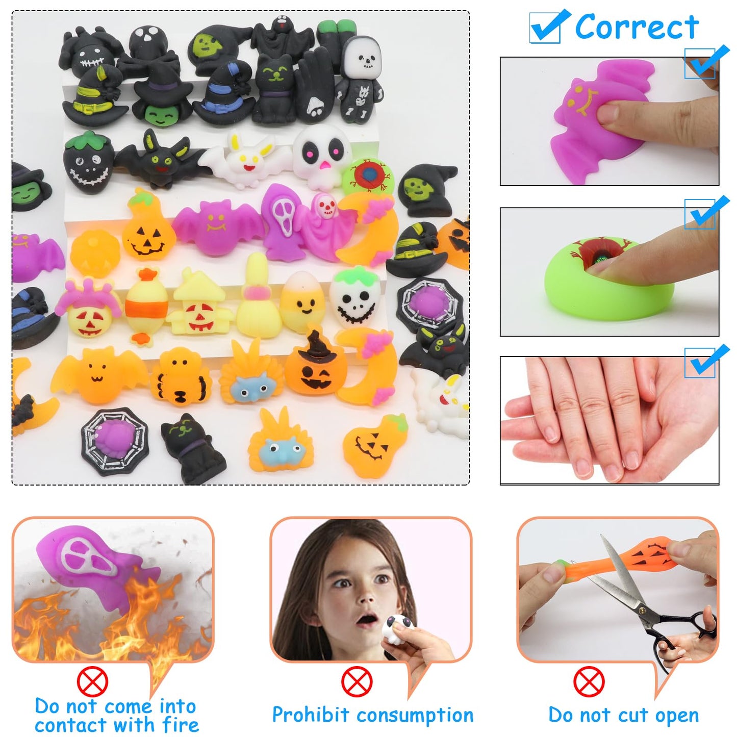 50 Pcs Halloween Mochi Squishy Toy Party Favors ,Mini Squishies Cute Squeeze Toy Stress Reliever Anxiety Packs for Boys and Girls