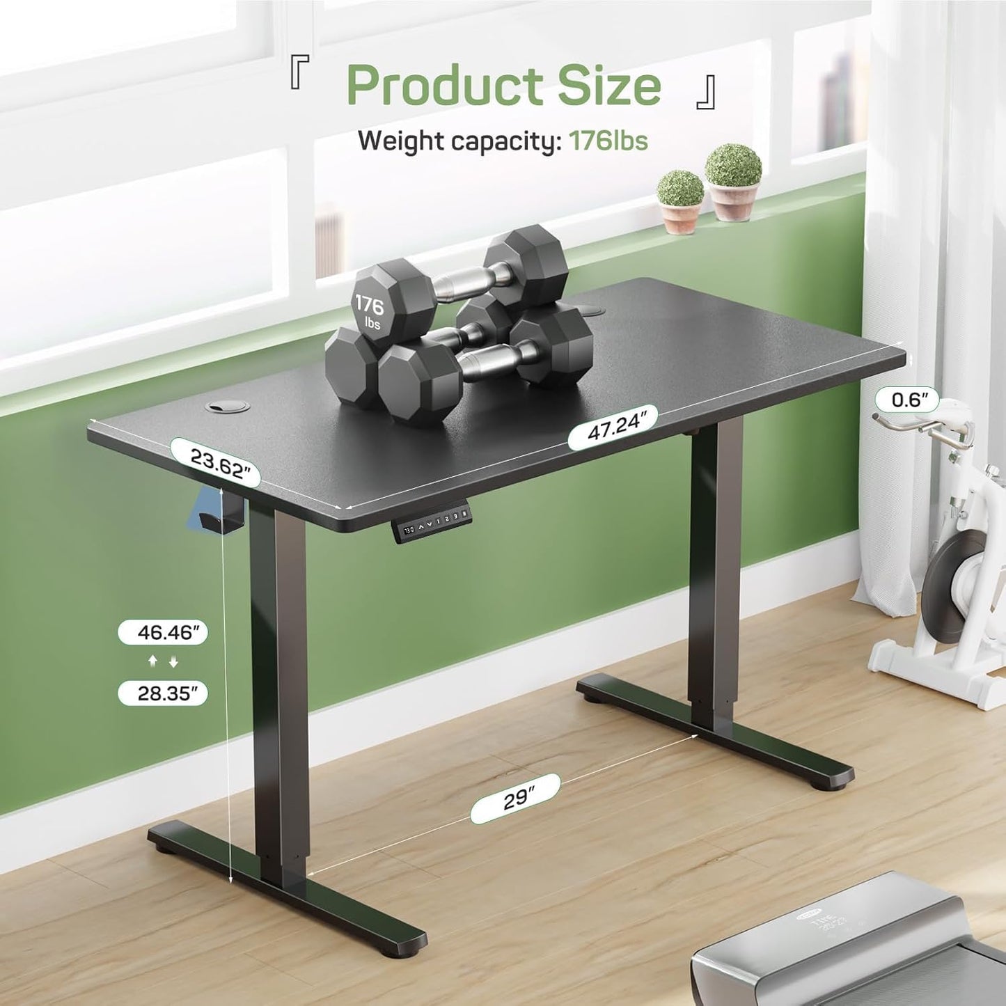 Whitmor Electric Standing Desk - 48 x 24 Inch Height Adjustable Computer Desk, Sit to Stand Home Office Table with Splice Board, 2 Hooks & Wire Hole, Black