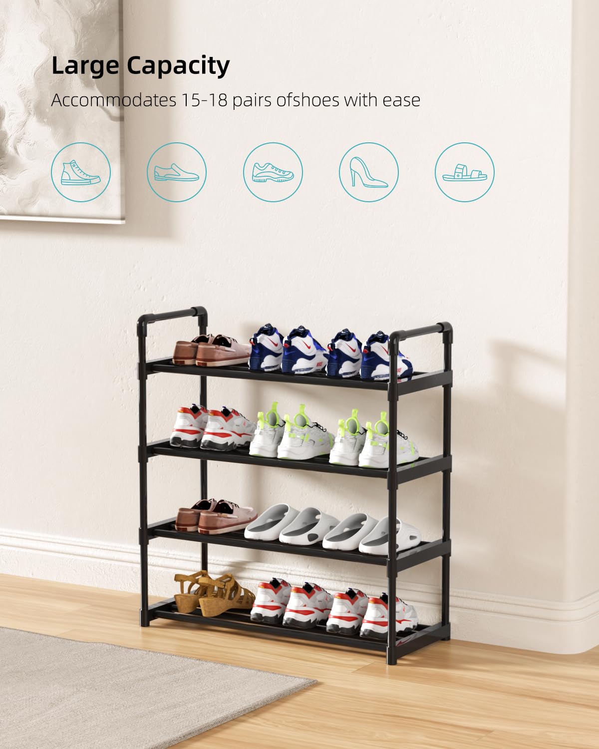 AAJZ Shoe Rack,Tall Large Capacity,Shoe Organizer, Metal Storage Shelf, for 12-15 Pairs, for Entryway,Closet, Bedroom Black (4 Tiers)