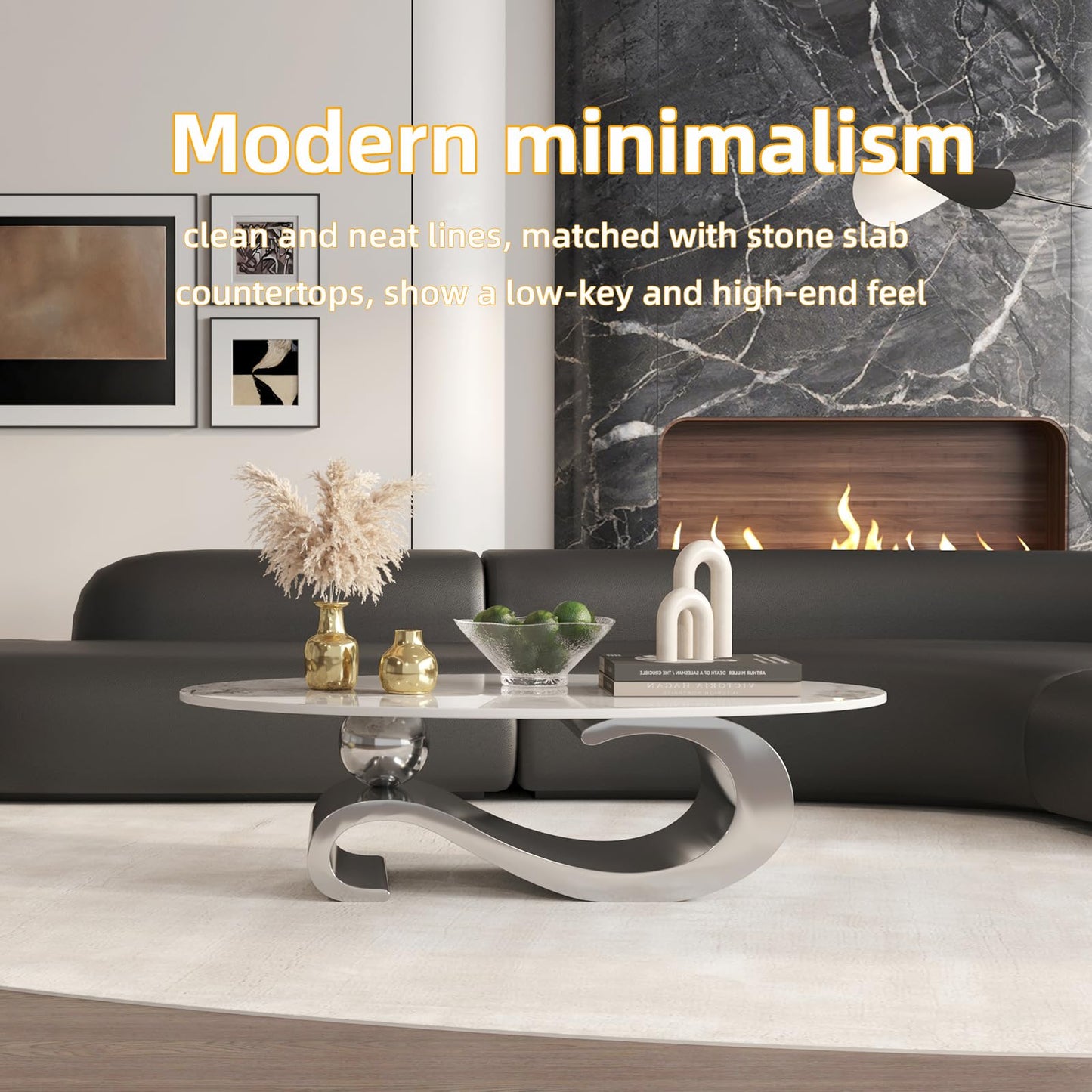 52" Marble Coffee Table for Living Room - Modern Luxury Gold Metal Base Coffee Table, Scratch-Resistant, Easy Assembly, Accent Furniture for Home Decor (Silver)