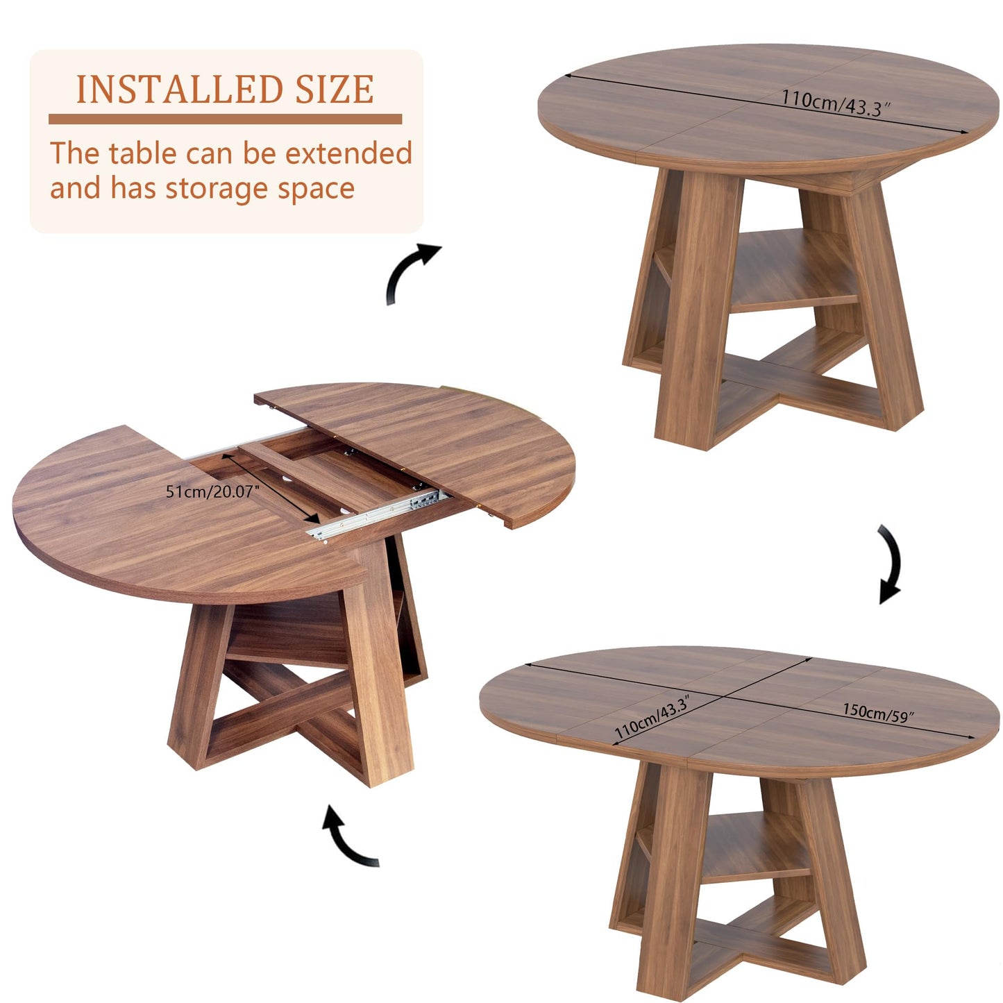 43.3in-59in Extendable Round Dining Table for 4-8,Modern Kitchen Oval Dining Table with Removable Leaves Space Saving,Wood Base with Storage Shelf for Kitchen Living Room (Walnut)