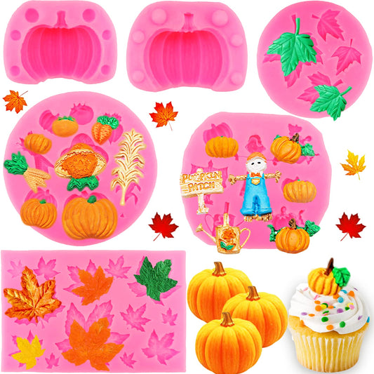6Pcs 3D Pumpkin Mold Fall Maple Leaf Silicone Mold Mini Pumpkin Scarecrow Shape Chocolate Mold Halloween Thanksgiving Cake Molds Fondant Candy Mold for Cupcake Toppers Resin Candle Soap Baking Molds