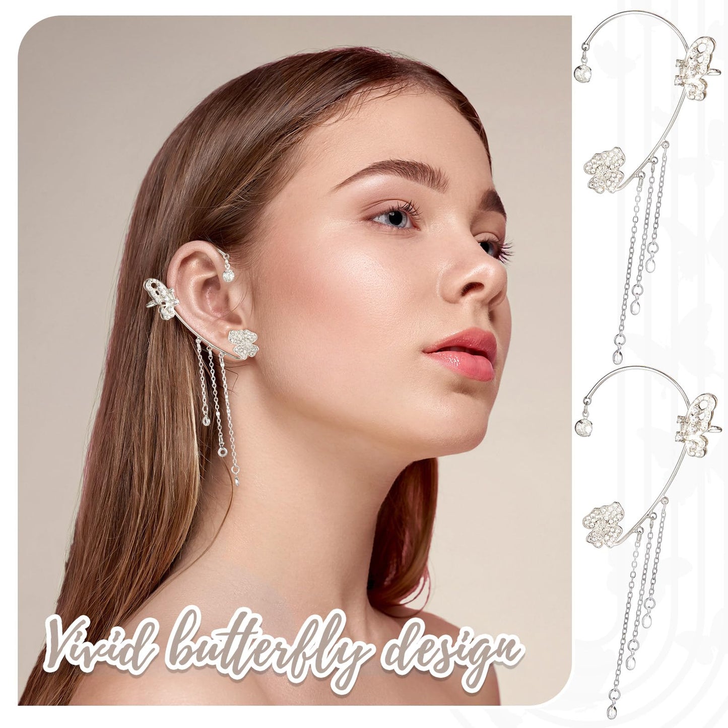 Yaomiao 4 Pairs Butterfly Ear Cuffs Earrings Glitter Rhinestone Butterfly Earrings No Piercing Ear Clip Wrap Around Dangler for Women Show, Wedding, Party, Christmas Accessories