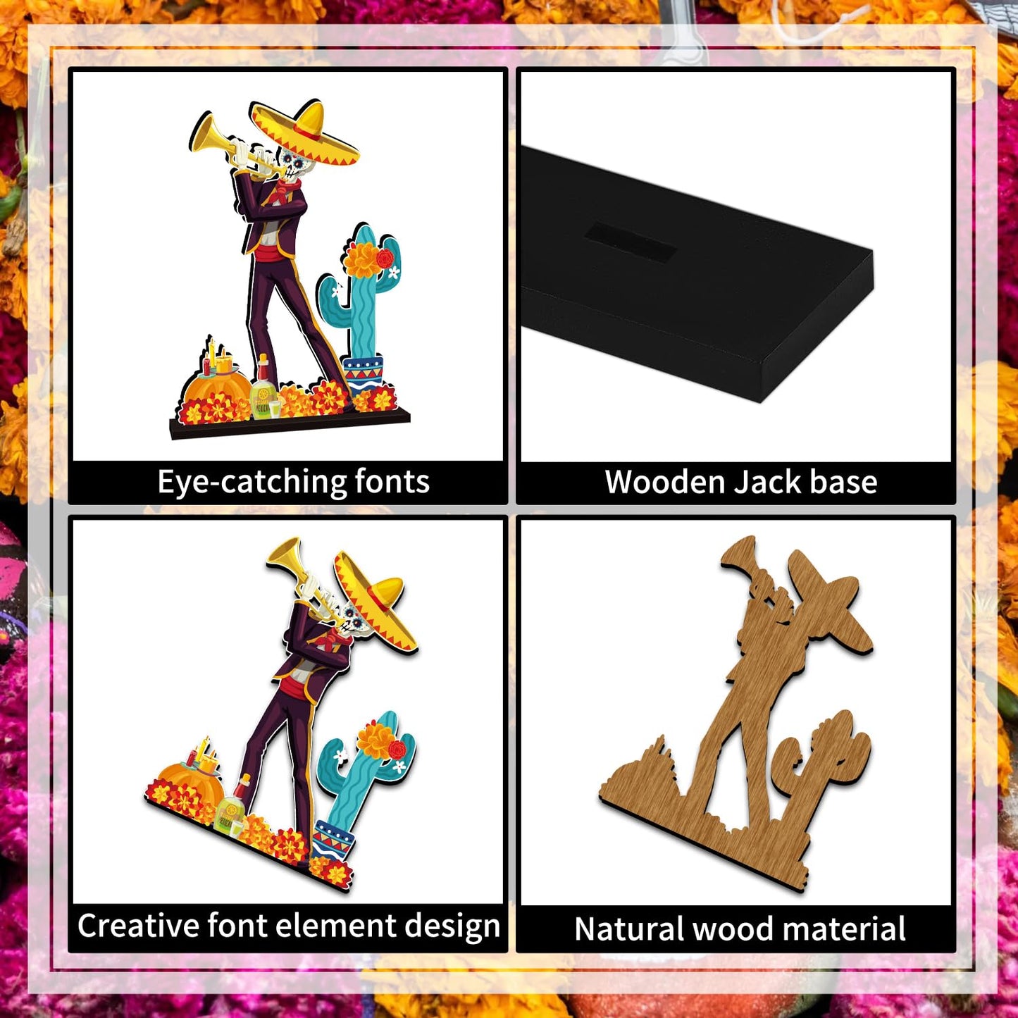 6Pcs Dia De Los Muertos Decorations Wooden Table Centerpiece Day of the Dead Decorations Dancing Couple Sugar Skull Table Topper Photo Props for Mexican Day of The Dead Party Tiered Tray Decor