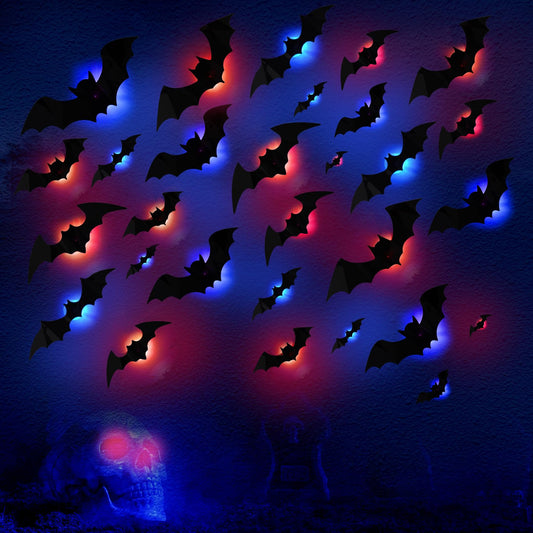 92 Pcs LED Halloween Light Wall Decor - Large 3D Bat Stickers, 5 Sizes Removable PVC Decorations for Indoor Party Home Decor